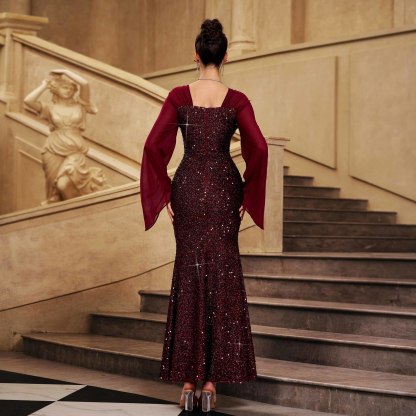 Luxury Burgundy Sequin Mermaid Gown - Elegant Square Neck Flared Sleeve Evening Dress gm01076