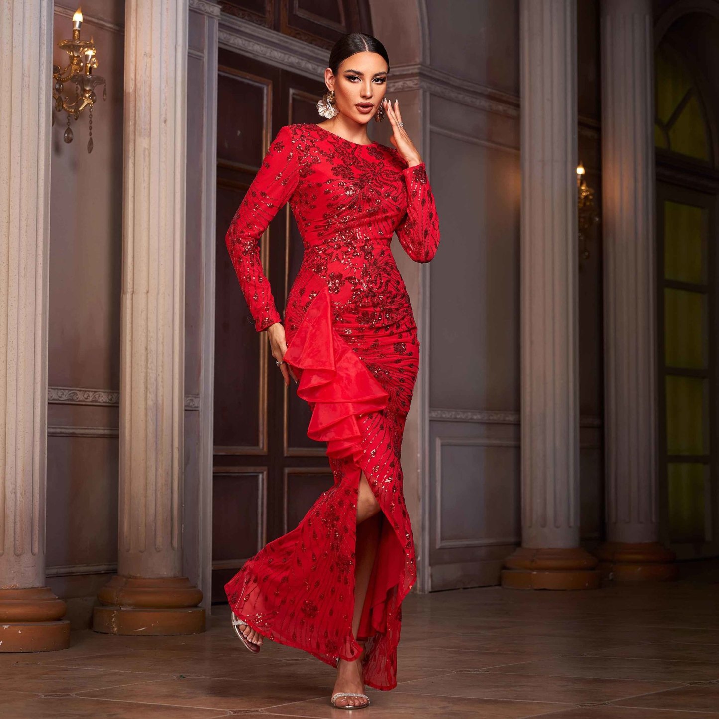Luxury Red Sequin Long Sleeve Gown - Ruffle High Slit Formal Evening Dress gm01060