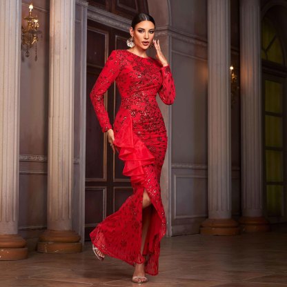 Luxury Red Sequin Long Sleeve Gown - Ruffle High Slit Formal Evening Dress gm01060
