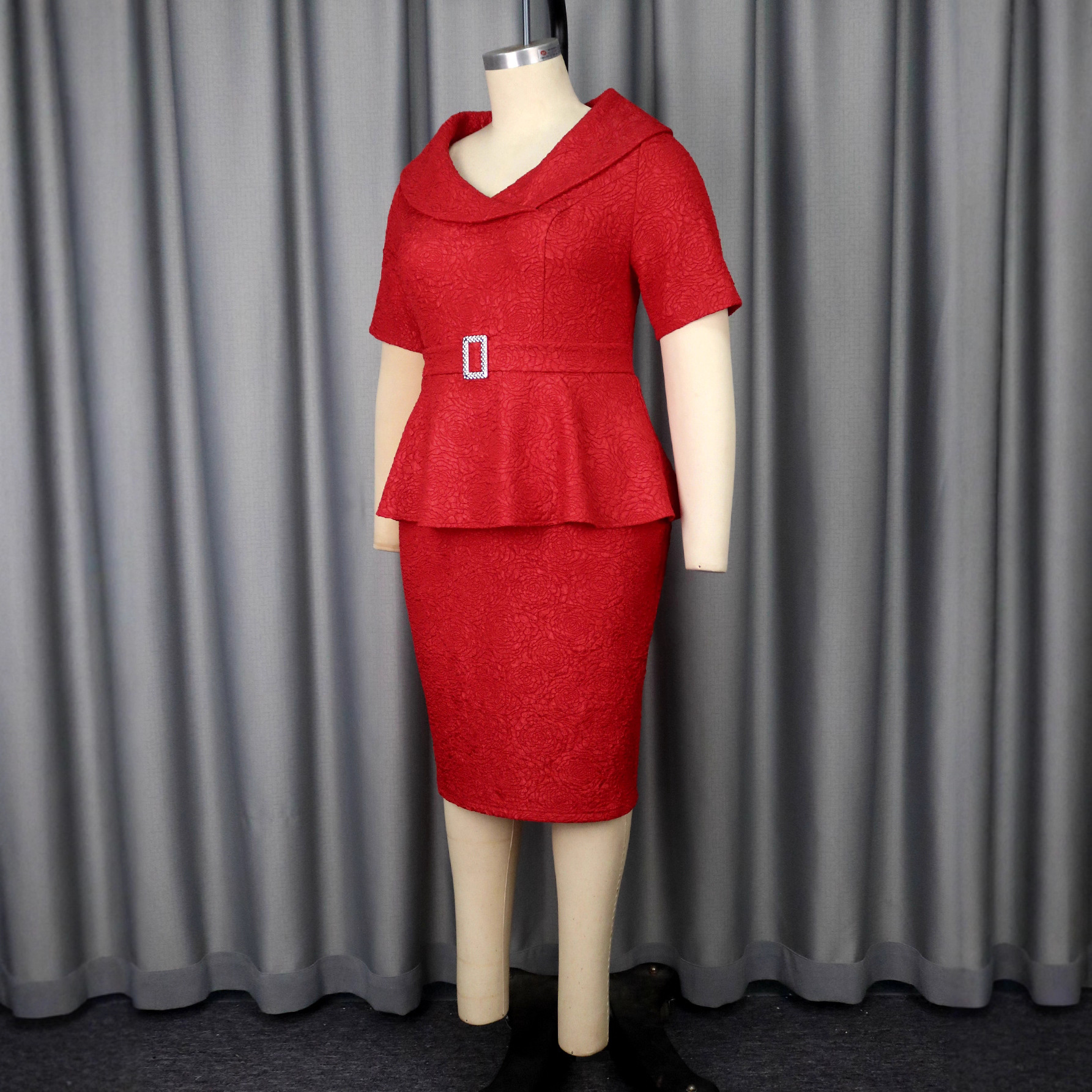 Plus-Sizes Elegant Peplum Skirt Suit with Rhinestone Belt AM050134	-UGENA FASHION