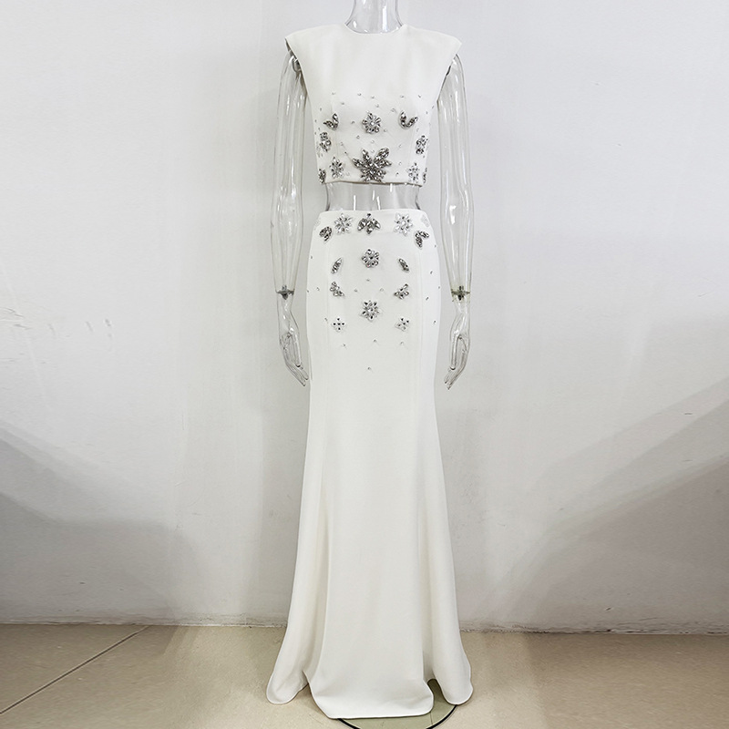 In Stock 2026 Early Spring New European and American Fashion Heavy Beading Rhinestone Vest Short Top and Skirt Set Two-Piece Set 3089