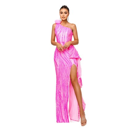 Dazzling Neon Pink One-Shoulder Sequin Gown with High Slit and Ruffle Detail gm00079
