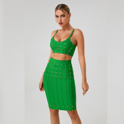 White & Gold Studded Bandage Crop Top & Midi Skirt Set - Two Piece Bodycon Clubwear BA363
