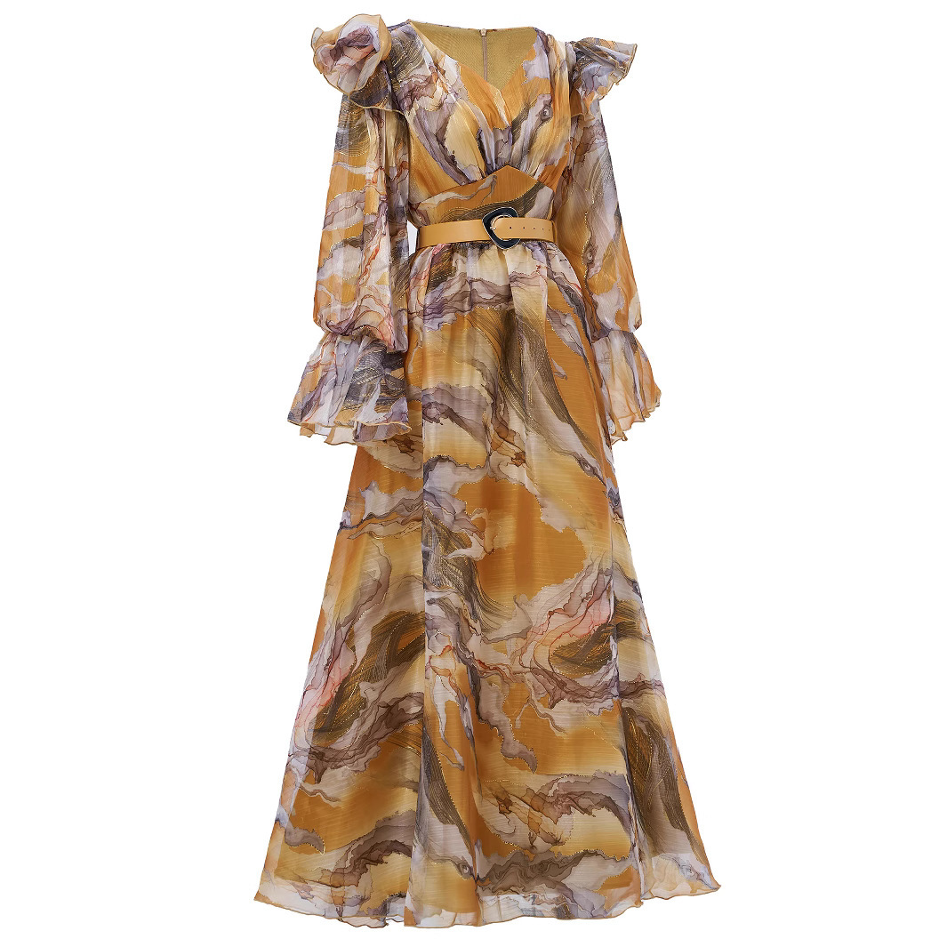 Maxi Chiffon Ruffle Dress with Belt | Yellow Marbled Print V-Neck Long Sleeve Flowy Boho Gown | Elegant Summer/Fall Occasion Wear for Women  qc17