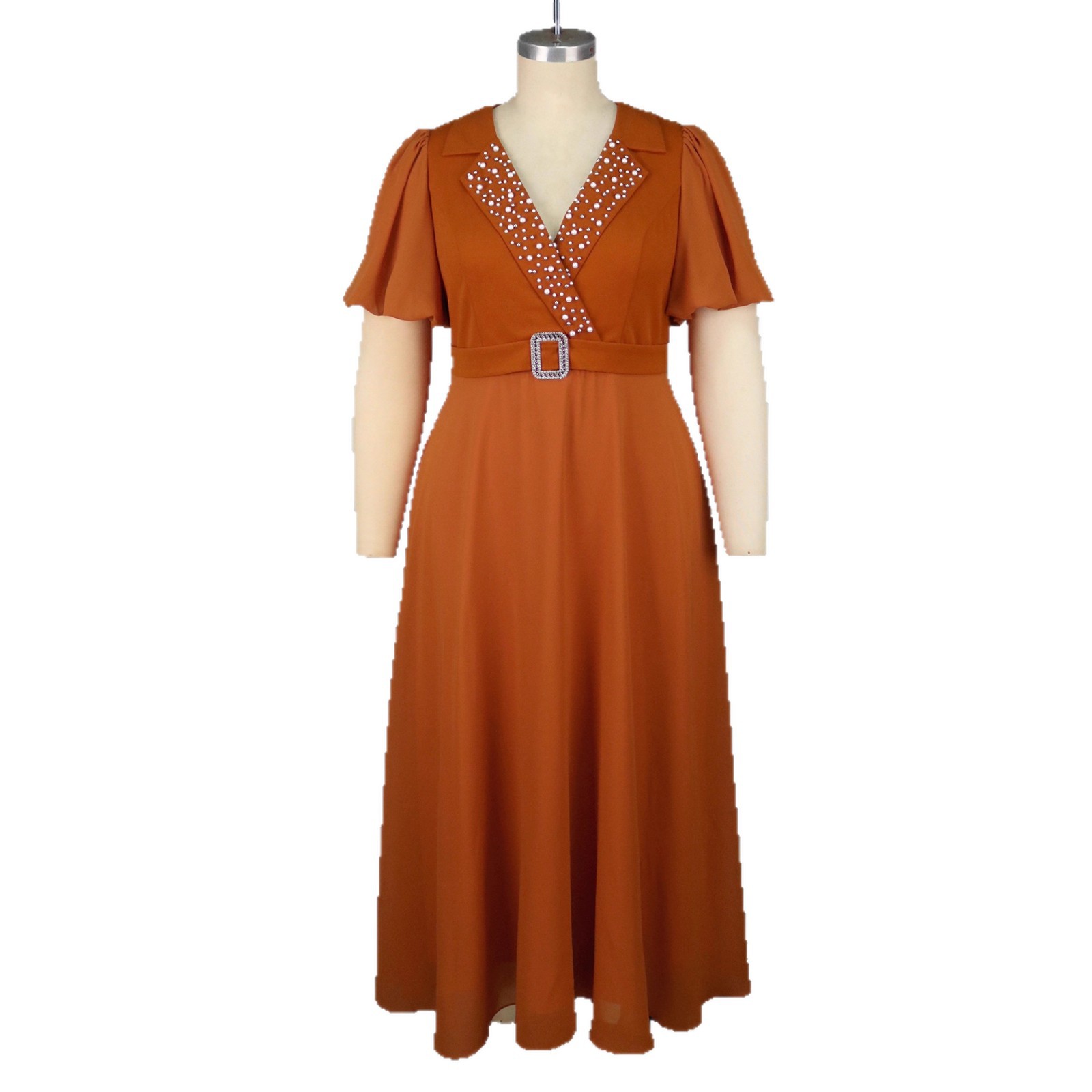 Plus-Sizes Elegant Sequin V-Neck Dress with Rhinestone Belt AM050508	-UGENA FASHION