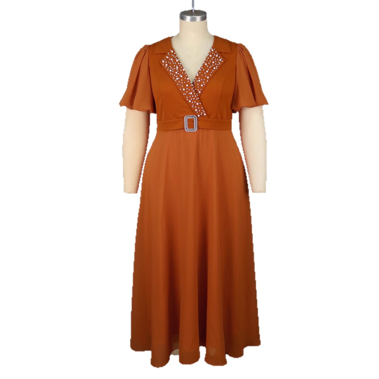Plus-Sizes Elegant Sequin V-Neck Dress with Rhinestone Belt AM050508	-UGENA FASHION