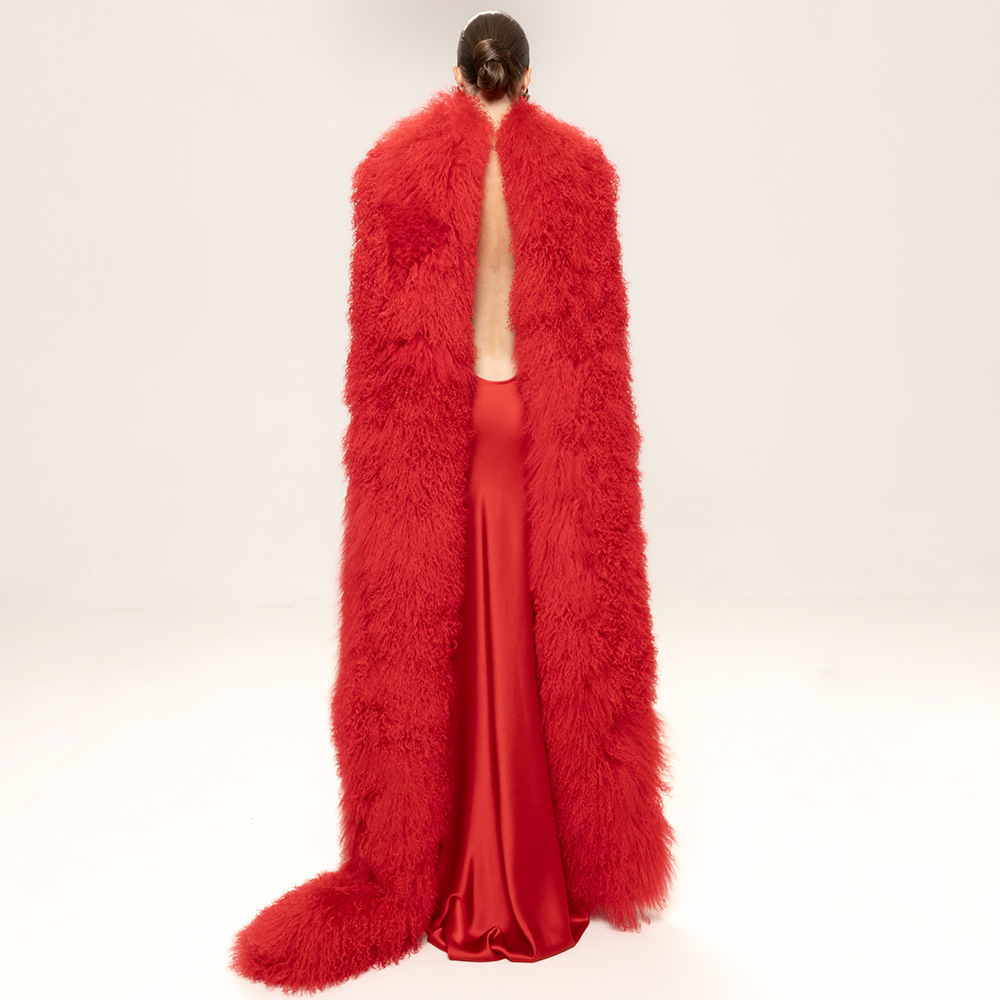 Luxury Red Satin Fringe Gown with Shaggy Faux Fur Cape Set Z0030
