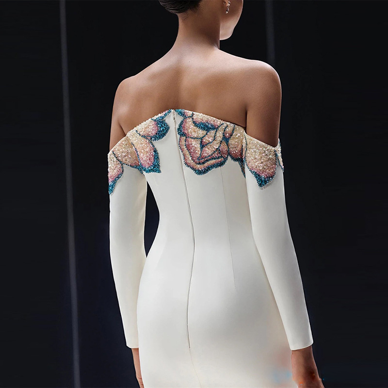 Elegant Off-the-Shoulder Mermaid Evening Gown - Long Sleeve White Formal Dress with Floral Sequin Appliqué 9100