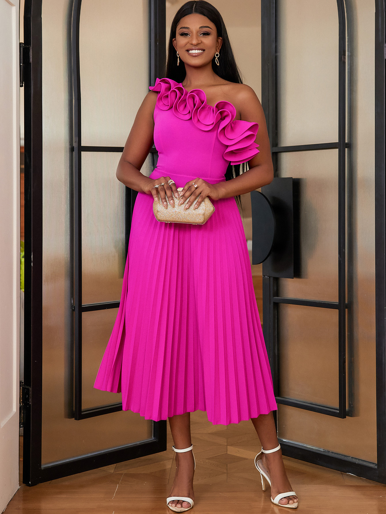 Plus-Sizes High Neck Sheath Pencil Dress with Asymmetrical Ruffle Skirt - Elegant Formal Business Gown AM030113	-UGENA FASHION