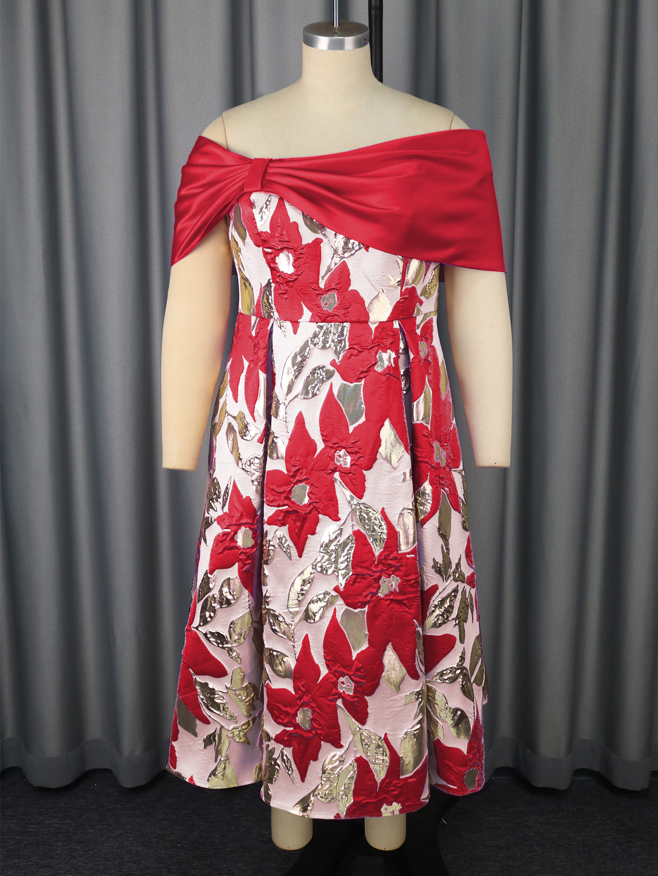 Plus-Sizes Floral Brocade Off-Shoulder Midi Cocktail Dress AM050225			-UGENA FASHION
