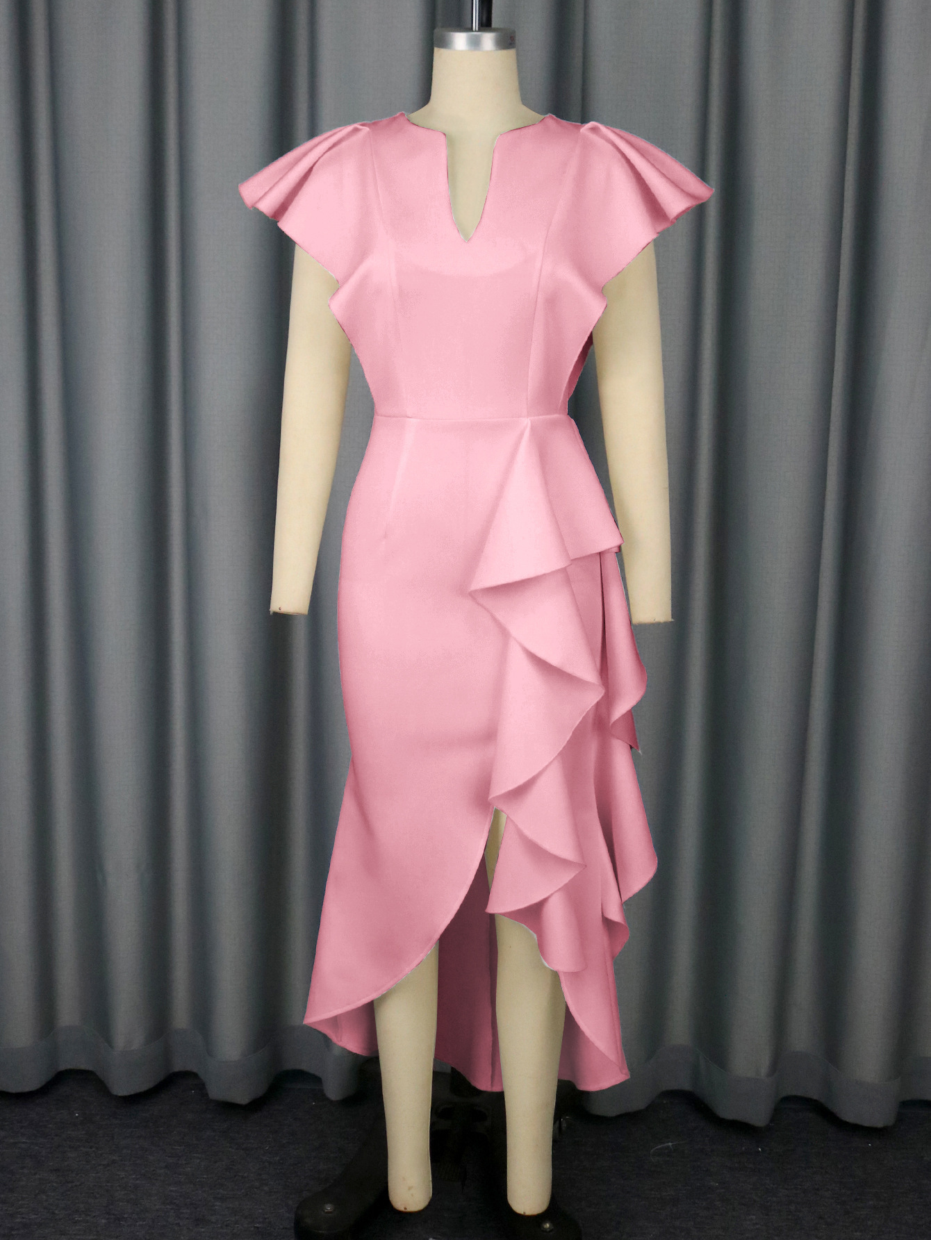 Plus-Sizes High-Low Ruffle Asymmetrical Dress - Elegant V-Neck Formal Sheath Gown with Ruffle Hem AM050505	-UGENA FASHION