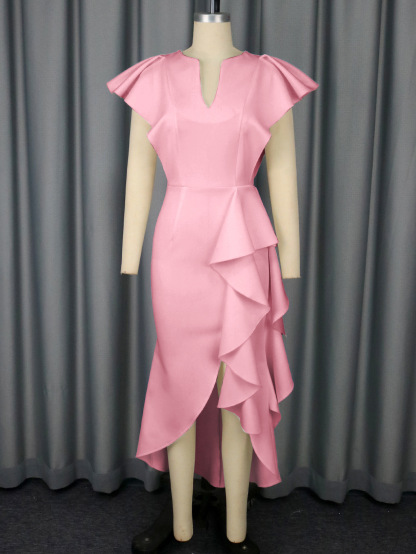 Plus-Sizes High-Low Ruffle Asymmetrical Dress - Elegant V-Neck Formal Sheath Gown with Ruffle Hem AM050505	-UGENA FASHION