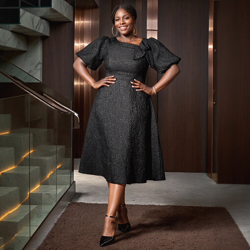 Plus-Sizes Elegant Jacquard Rose A-line Dress with Asymmetric Bow Neckline - Perfect for Wedding & Cocktail Parties AM040856	-UGENA FASHION