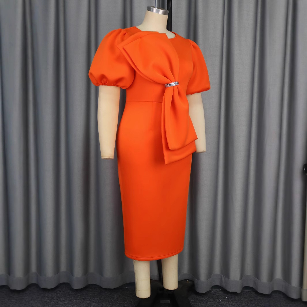 Plus-Sizes Women's Elegant Orange Bowknot Pencil Dress Available AM050114	-UGENA FASHION