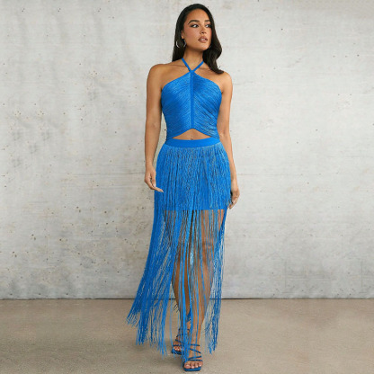 Royal Blue Fringe Halter Neck Maxi Dress | Sexy Tassel Cutout Party & Dancewear Gowna BA450