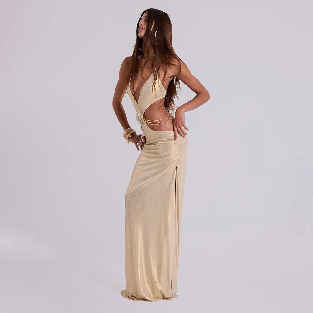 Champagne Gold Halter Cutout Maxi Dress - Deep V Backless Ruched Gown for Beach Wedding & Resort Party Z0015