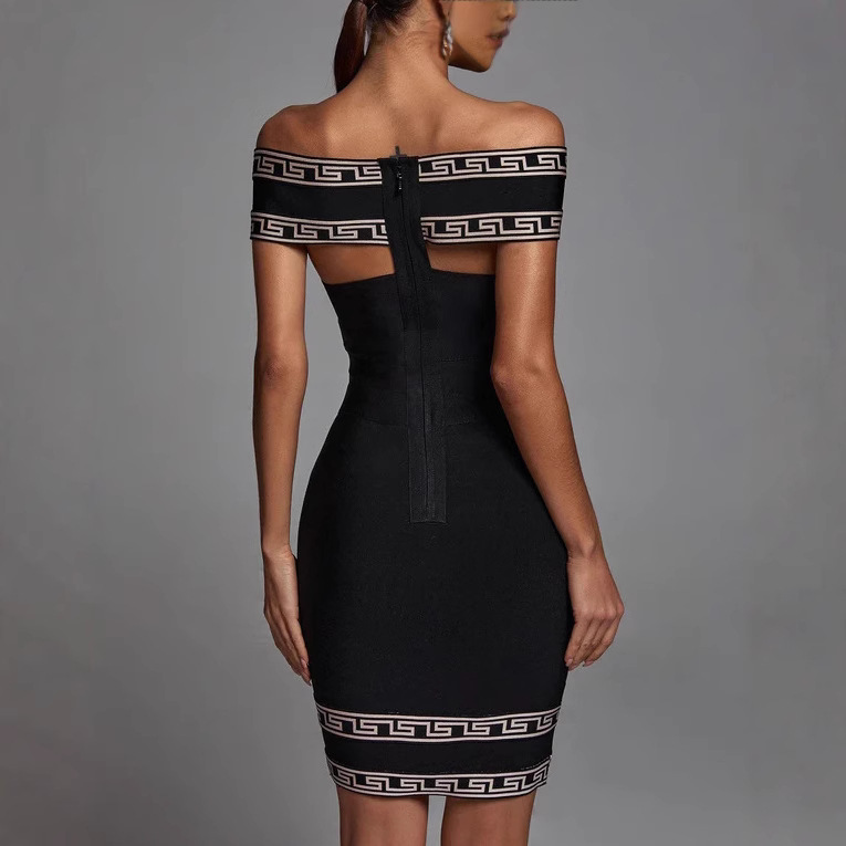Iconic Greek Key Bandage Bodycon Mini Dress – Off-Shoulder Cross-Front Design BA350