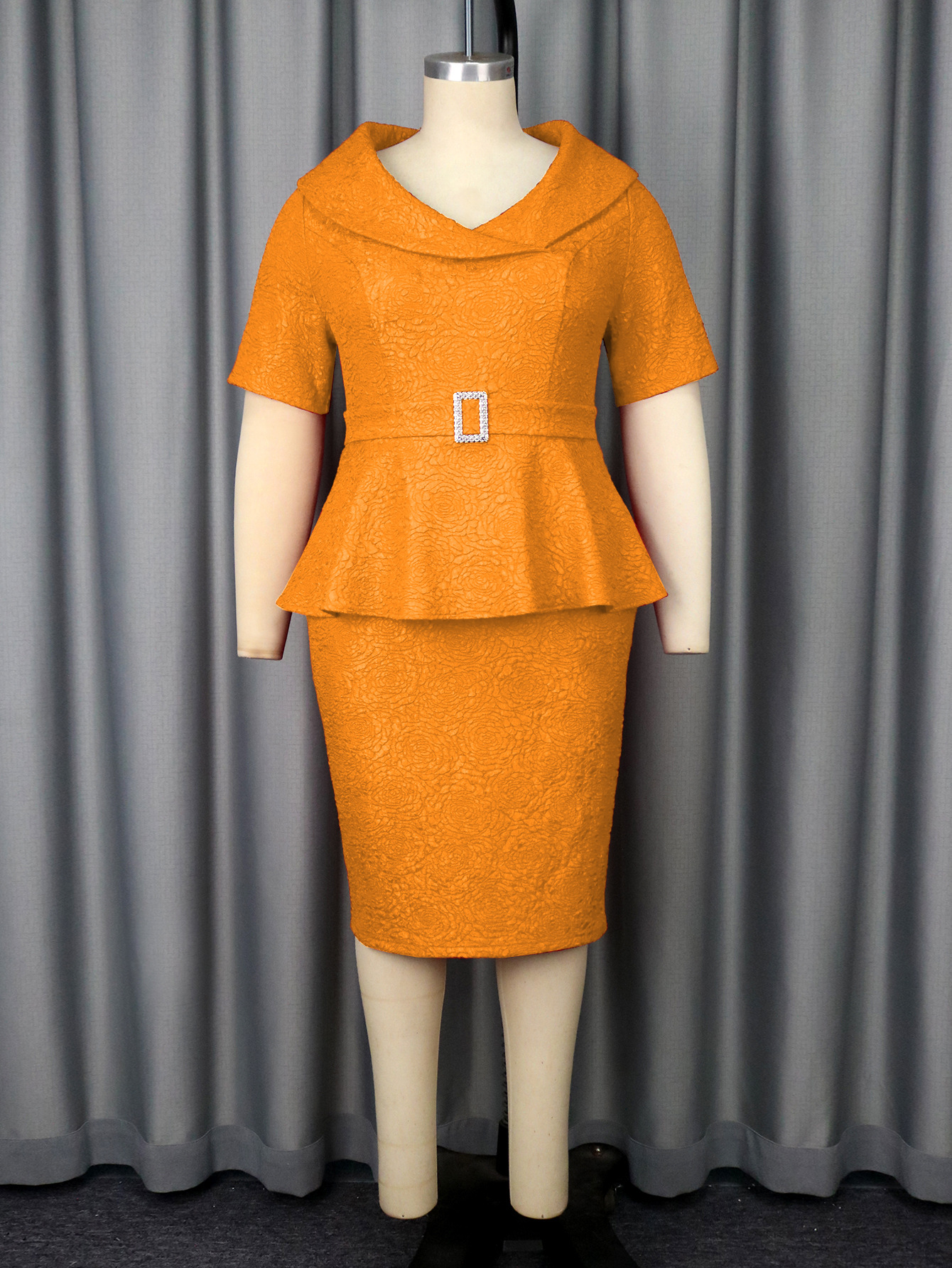 Plus-Sizes Elegant Peplum Skirt Suit with Rhinestone Belt AM050134	-UGENA FASHION