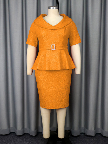 Plus-Sizes Elegant Peplum Skirt Suit with Rhinestone Belt AM050134	-UGENA FASHION