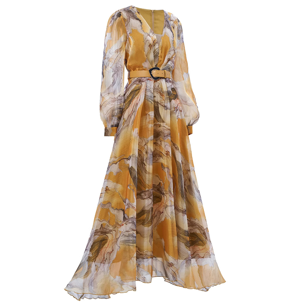 Marbled Print Chiffon Maxi Dress with Belt | Yellow V-Neck Balloon Long Sleeve Flowy Gown | Elegant Summer/Formal Occasion Wear qc18