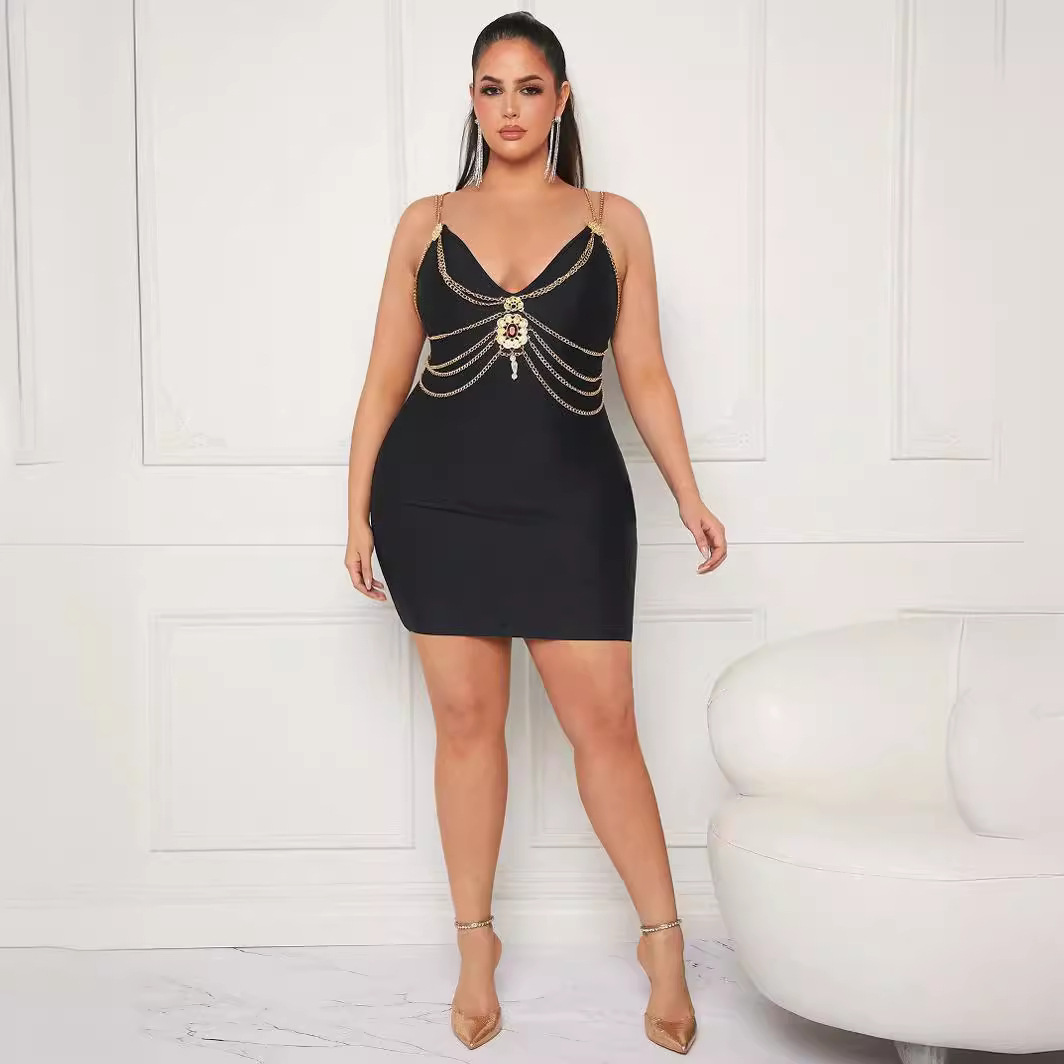 Plus Size Black Bandage Mini Dress with Gold Chain & Jewel Embellishment BA426