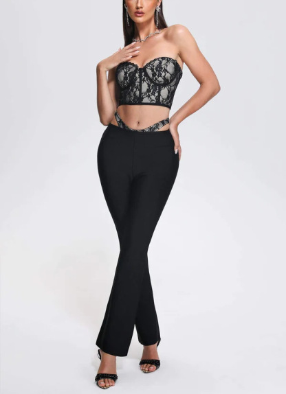 Sexy Black Lace Corset Crop Top & Cutout Bandage Flare Pants Set - Clubwear | Y2K Fashion BA356