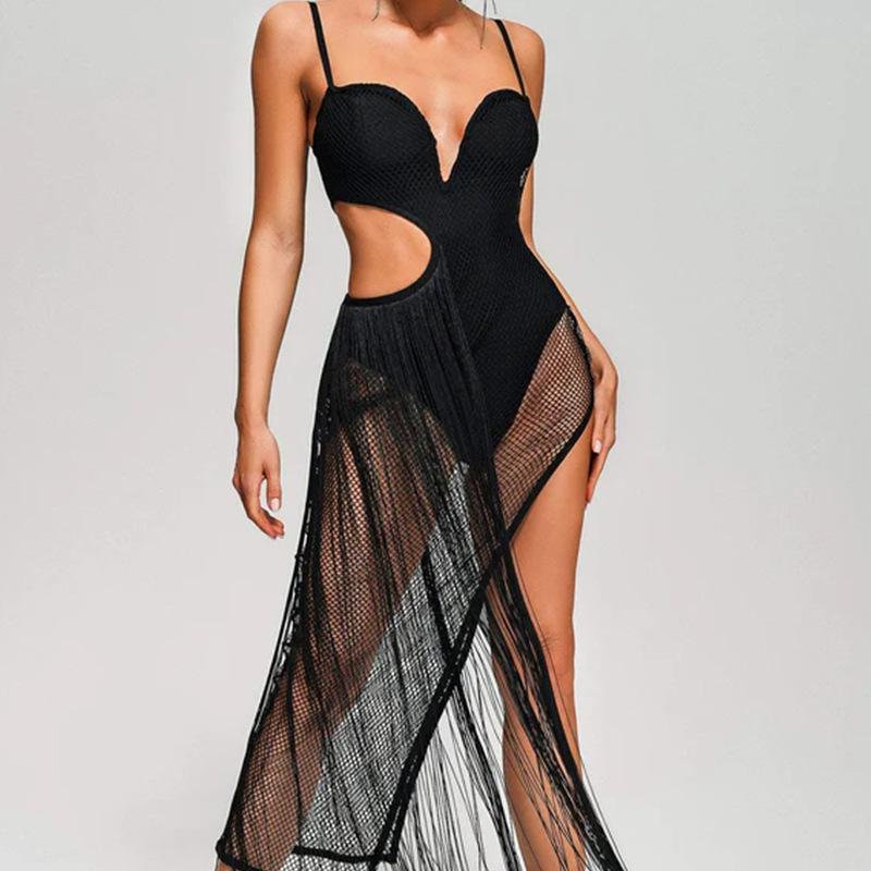 Sexy Black Mesh Fringe Bodysuit Dress - Cutout Fishnet Maxi Cover Up | Rave & Clubwear BA361