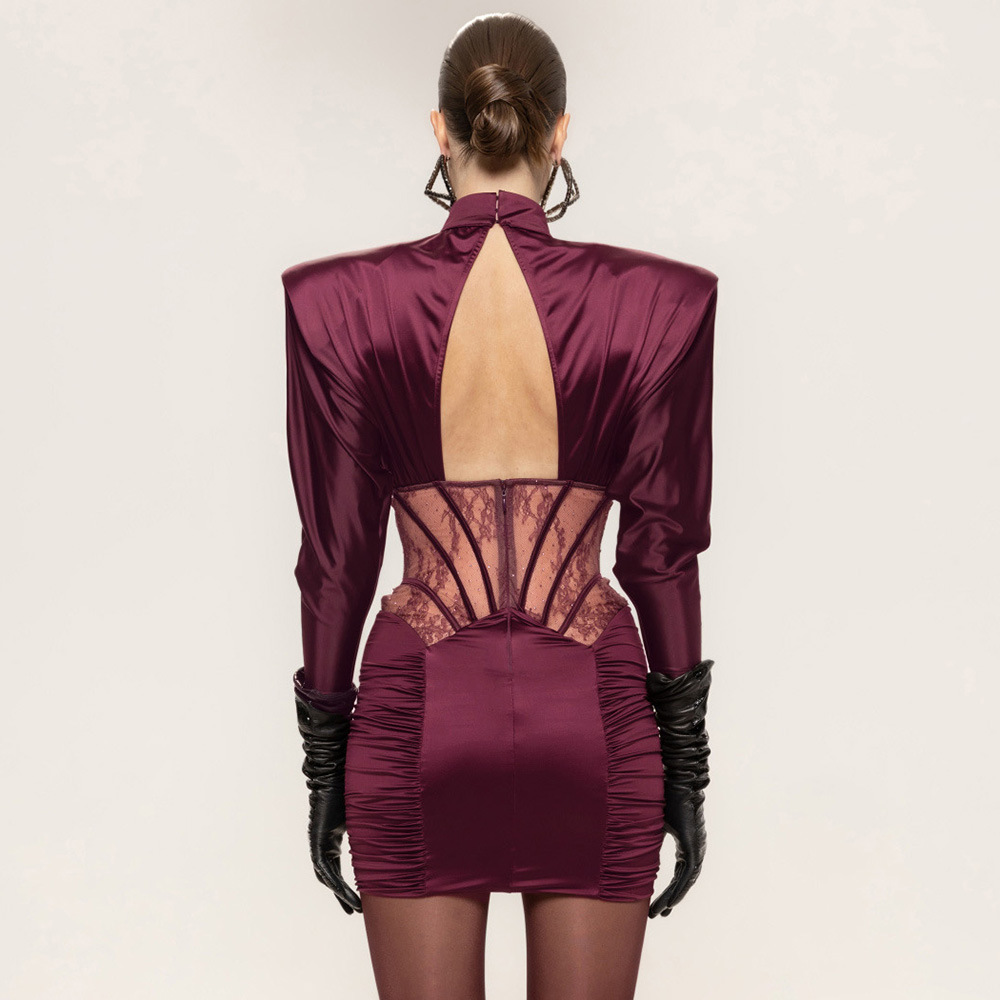 Sexy Burgundy Satin Corset Mini Dress - High Neck Long Sleeve Party Bodycon Z0029