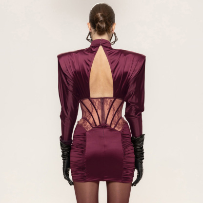 Sexy Burgundy Satin Corset Mini Dress - High Neck Long Sleeve Party Bodycon Z0029