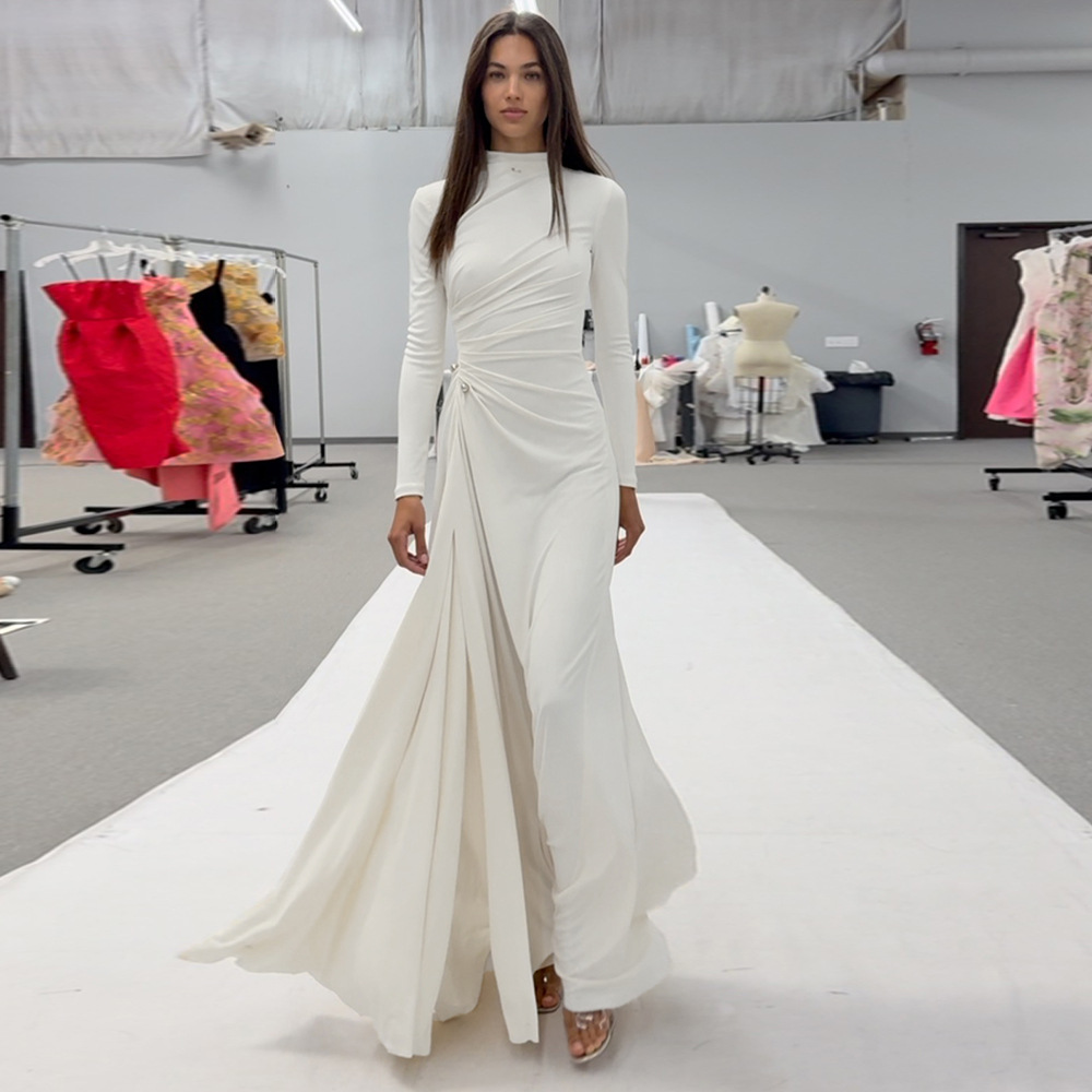 Elegant White Mock Neck Long Sleeve High Slit Gown - Bodycon Ruched Maxi Dress for Evening, Cocktail & Wedding Guest BD2666