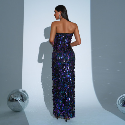 Iridescent Purple & Black Sequin Gown | Strapless Maxi Mermaid Party Dress rj11580