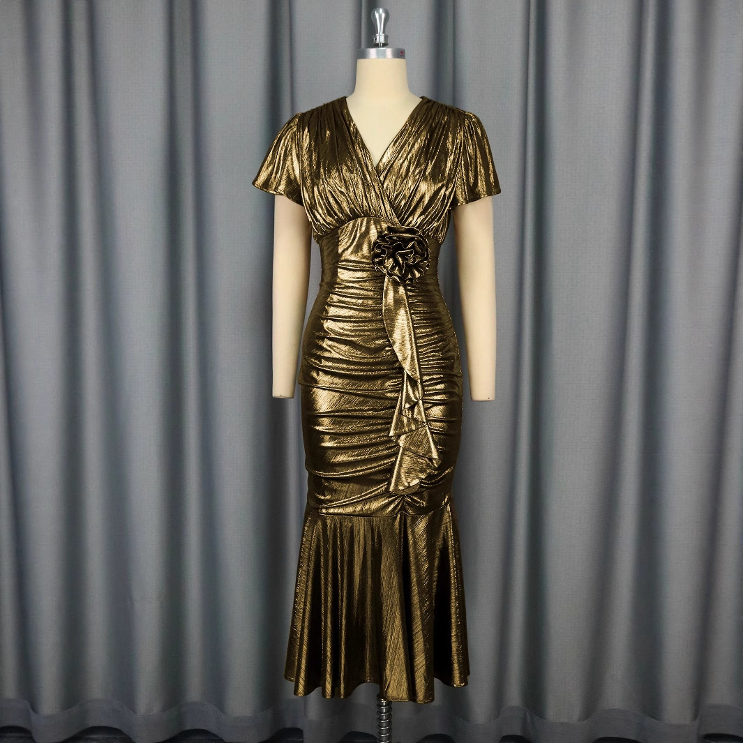 Plus-Sizes Glamorous Metallic Gold Ruched Mermaid Dress - V-Neck Bodycon Midi Gown with Floral Detail AM050339	-UGENA FASHION