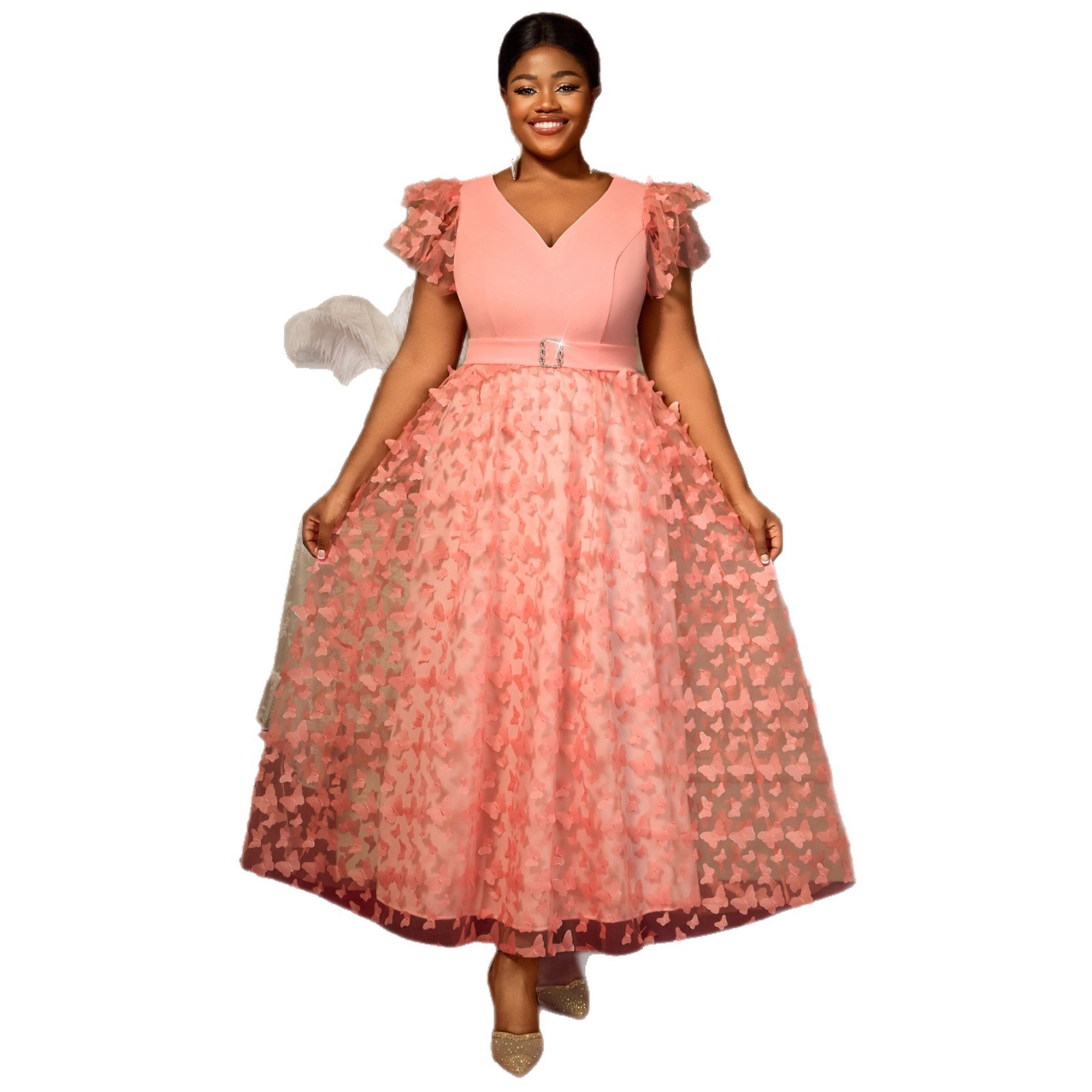 Plus-Sizes  Butterfly Appliqué V-Neck Mesh Dress with Short Sleeves AM050509	-UGENA FASHION