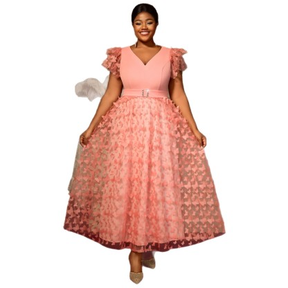 Plus-Sizes  Butterfly Appliqué V-Neck Mesh Dress with Short Sleeves AM050509	-UGENA FASHION