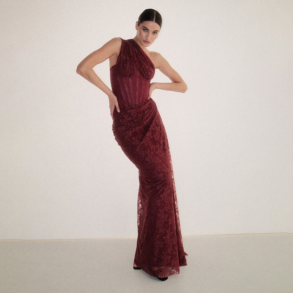 Luxurious One-Shoulder Wine Red Lace Gown - Asymmetric Corset Style Ruched Maxi Dress BD2677