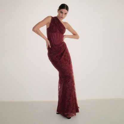 Luxurious One-Shoulder Wine Red Lace Gown - Asymmetric Corset Style Ruched Maxi Dress BD2677