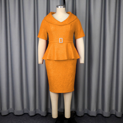 Plus-Sizes Elegant Peplum Skirt Suit with Rhinestone Belt AM050134	-UGENA FASHION