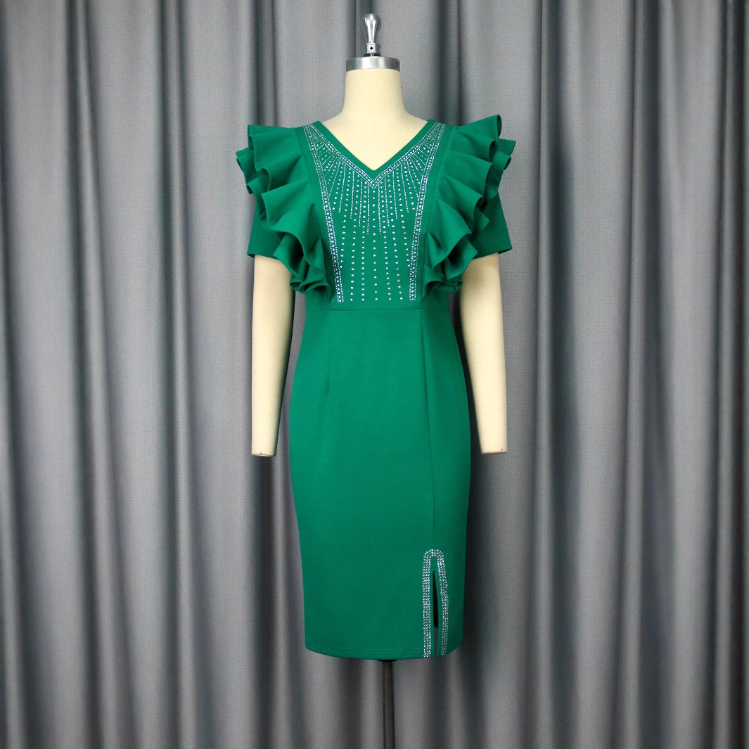 Plus-Sizes Elegant Ruffle Sleeve Rhinestone Bodycon Dress AM050516	-UGENA FASHION