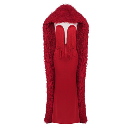 Luxury Red Satin Fringe Gown with Shaggy Faux Fur Cape Set Z0030