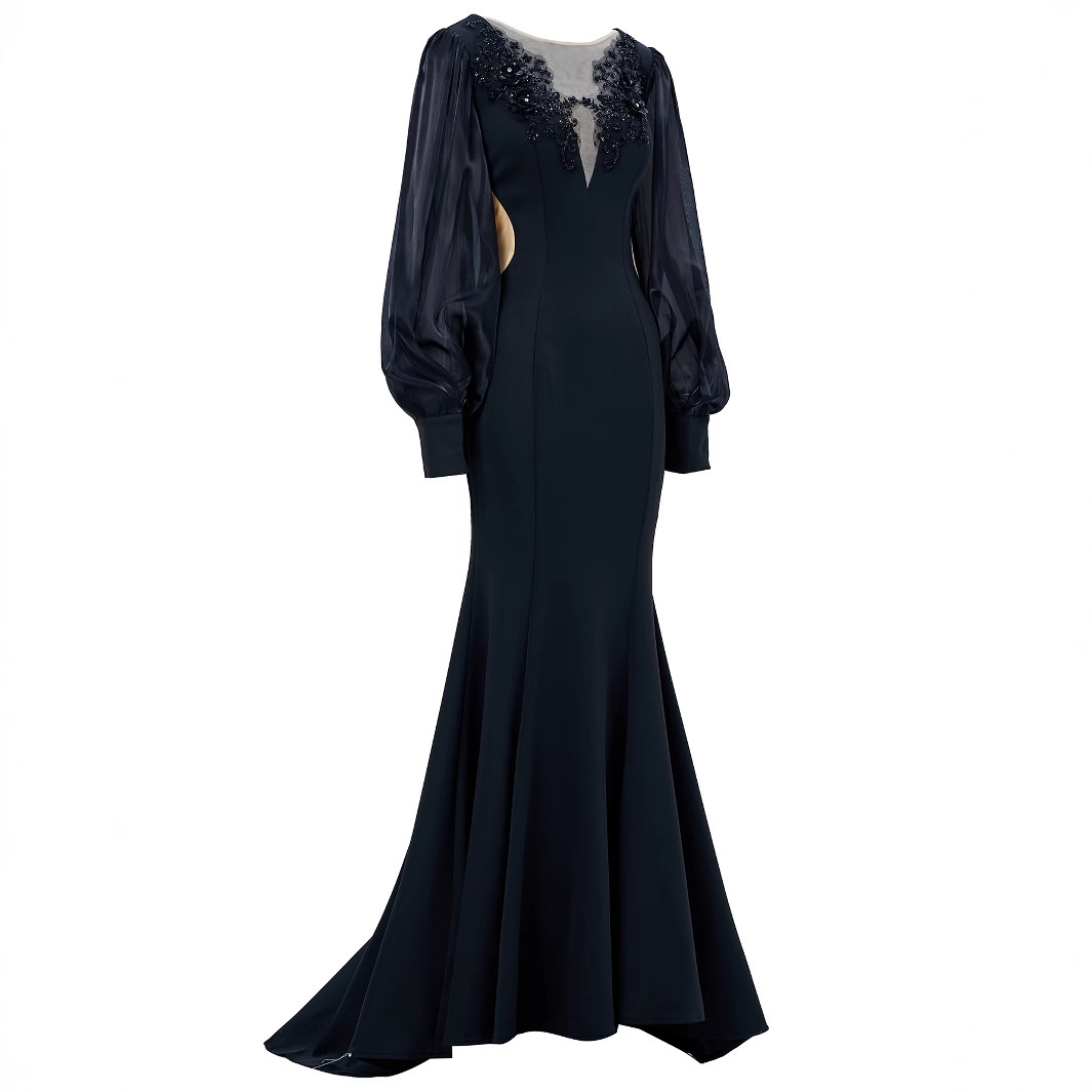 Black Statement Puff Sleeve Mermaid Gown | Beaded V-Neck Illusion Formal Dress qc15