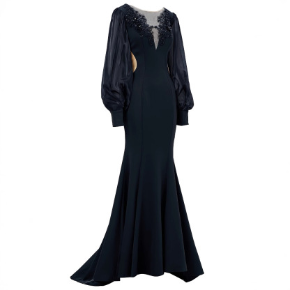 Black Statement Puff Sleeve Mermaid Gown | Beaded V-Neck Illusion Formal Dress qc15