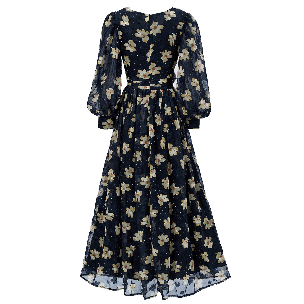 Navy Floral & Polka Dot Chiffon Maxi Dress | Vintage V-Neck Long Puff Sleeve Gown with Ruched Waist | Fall/Winter Formal Occasion Wear qc22