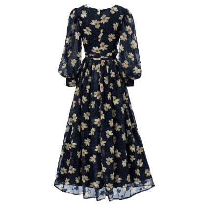 Navy Floral & Polka Dot Chiffon Maxi Dress | Vintage V-Neck Long Puff Sleeve Gown with Ruched Waist | Fall/Winter Formal Occasion Wear qc22