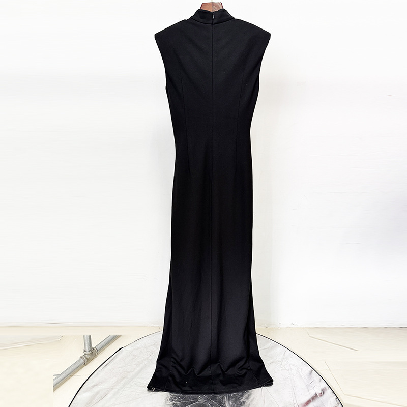 Sexy Black High Neck Maxi Dress with Gold Zipper Slit 3083