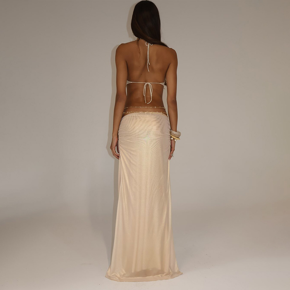 Champagne Gold Halter Cutout Maxi Dress - Deep V Backless Ruched Gown for Beach Wedding & Resort Party Z0015