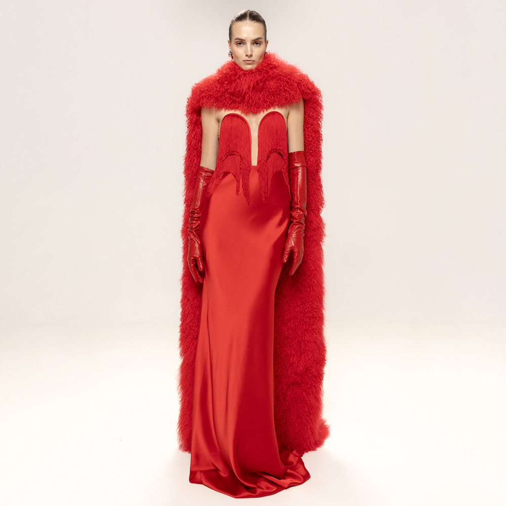 Luxury Red Satin Fringe Gown with Shaggy Faux Fur Cape Set Z0030
