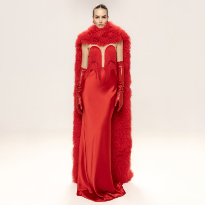 Luxury Red Satin Fringe Gown with Shaggy Faux Fur Cape Set Z0030