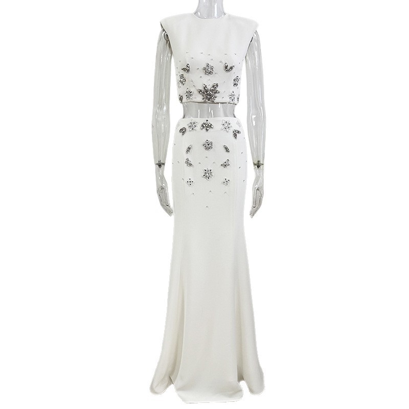 In Stock 2026 Early Spring New European and American Fashion Heavy Beading Rhinestone Vest Short Top and Skirt Set Two-Piece Set 3089