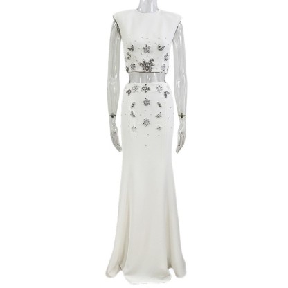 In Stock 2026 Early Spring New European and American Fashion Heavy Beading Rhinestone Vest Short Top and Skirt Set Two-Piece Set 3089