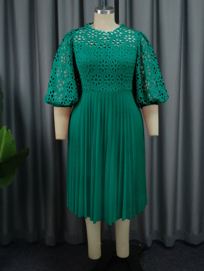 Plus-Sizes Elegant Eyelet Lace & Pleated Chiffon Dress AM030904 	-UGENA FASHION